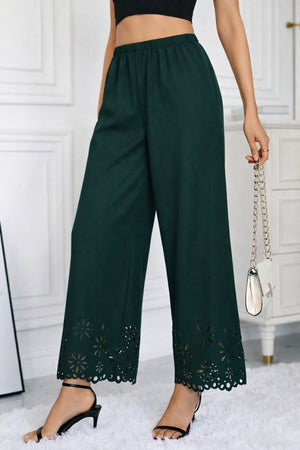 Pantaloni de damă din crep importat, cu talie înaltă și elastic, model floral, decupat cu laser, 32706