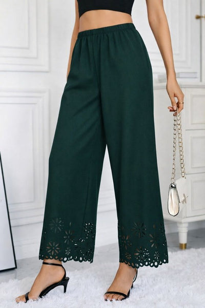 Pantaloni de damă din crep importat, cu talie înaltă și elastic, model floral, decupat cu laser, 32706