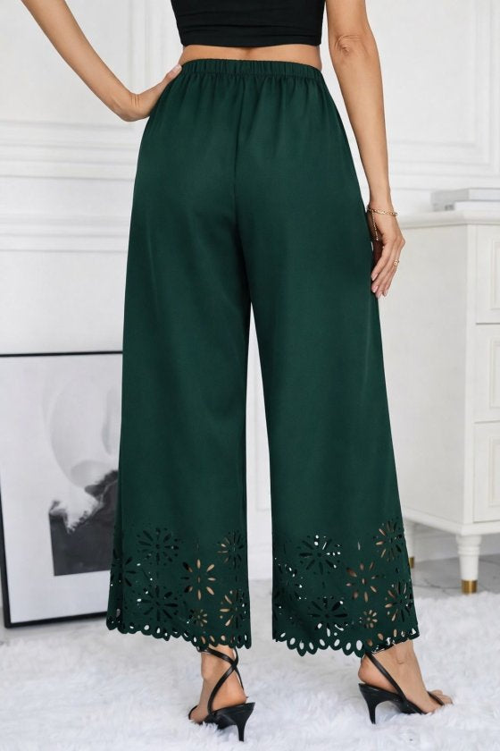 Pantaloni de damă din crep importat, cu talie înaltă și elastic, model floral, decupat cu laser, 32706