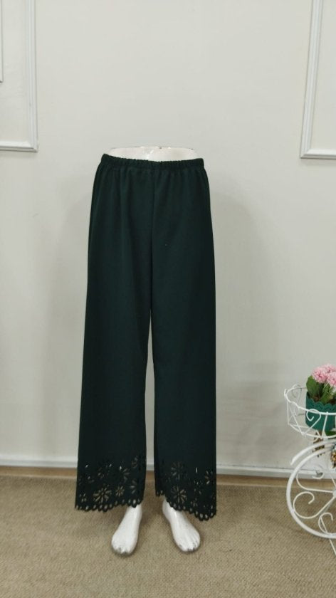 Pantaloni de damă din crep importat, cu talie înaltă și elastic, model floral, decupat cu laser, 32706
