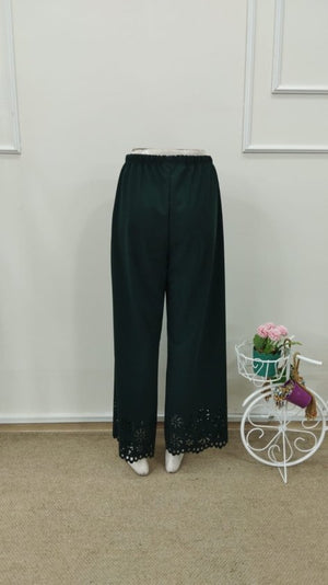Pantaloni de damă din crep importat, cu talie înaltă și elastic, model floral, decupat cu laser, 32706