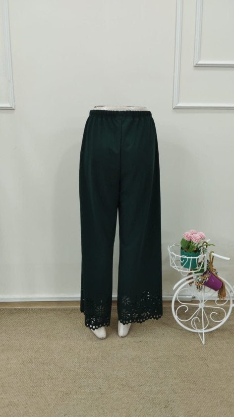 Pantaloni de damă din crep importat, cu talie înaltă și elastic, model floral, decupat cu laser, 32706