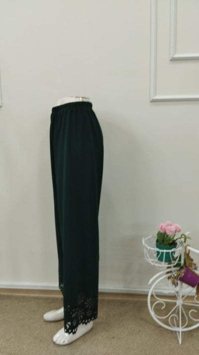 Pantaloni de damă din crep importat, cu talie înaltă și elastic, model floral, decupat cu laser, 32706