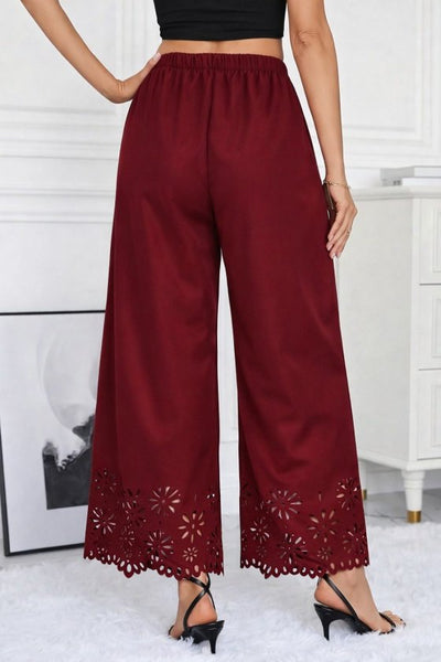 Pantaloni de damă din crep importat, cu talie înaltă și elastic, model floral, decupat cu laser, 32707