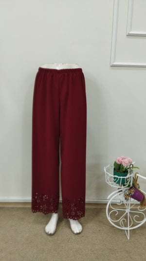 Kadın Yüksel Bel Beli Lastıklı çiçek Desenli Lazer Kesım Detaylı Ithal Krep Pantolon, 32707