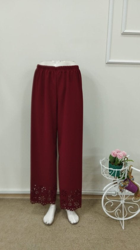 Pantaloni de damă din crep importat, cu talie înaltă și elastic, model floral, decupat cu laser, 32707