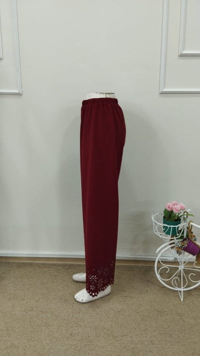 Pantaloni de damă din crep importat, cu talie înaltă și elastic, model floral, decupat cu laser, 32707
