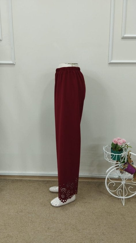 Pantaloni de damă din crep importat, cu talie înaltă și elastic, model floral, decupat cu laser, 32707