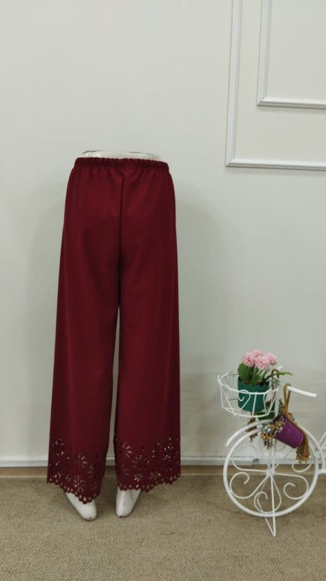 Pantaloni de damă din crep importat, cu talie înaltă și elastic, model floral, decupat cu laser, 32707
