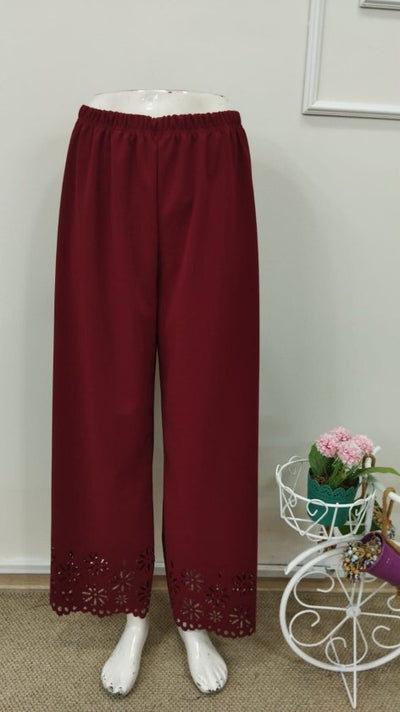 Pantaloni de damă din crep importat, cu talie înaltă și elastic, model floral, decupat cu laser, 32707
