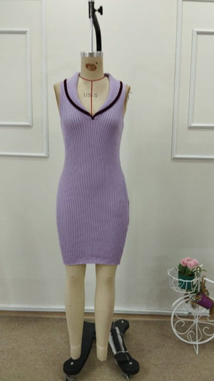 Rochie scurtă tricotată pentru femei, cu umeri goi, cu decolteu în V și nervuri, 32729