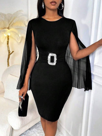 Women's Short Cape Sleeve Round Neck Buckled Short Imported Crepe Dress, 32802