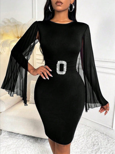 Women's Short Cape Sleeve Round Neck Buckled Short Imported Crepe Dress, 32802