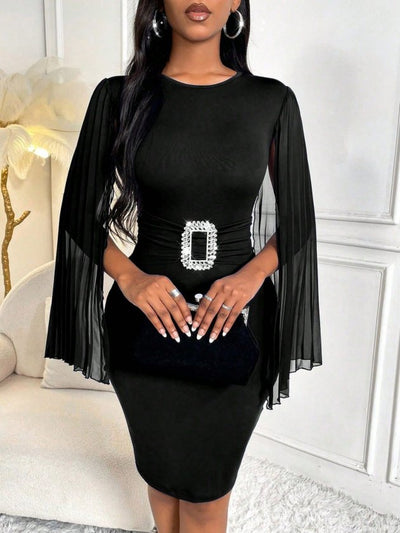 Women's Short Cape Sleeve Round Neck Buckled Short Imported Crepe Dress, 32802