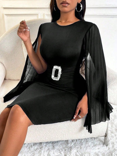 Women's Short Cape Sleeve Round Neck Buckled Short Imported Crepe Dress, 32802