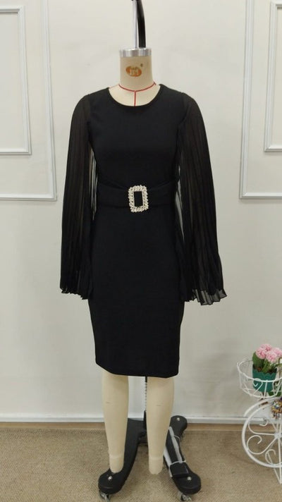 Women's Short Cape Sleeve Round Neck Buckled Short Imported Crepe Dress, 32802