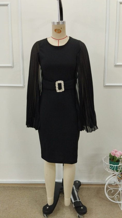 Women's Short Cape Sleeve Round Neck Buckled Short Imported Crepe Dress, 32802