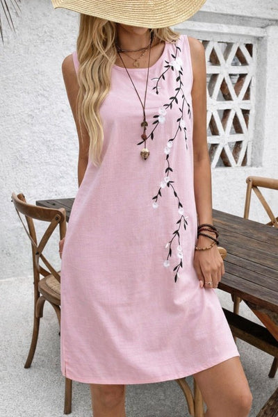 Rochie scurtă cu model floral și guler rotund, cu bretele, pentru femei, 32754