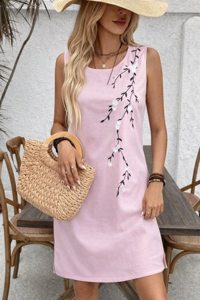 Rochie scurtă cu model floral și guler rotund, cu bretele, pentru femei, 32754