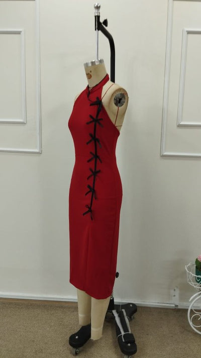 Women's One-Shoulder Open Front Bow Tie Detail Slit Midi Imported Crepe Dress, 32762