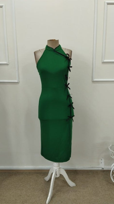 Women's One Shoulder Open Front Bow Tie Detail Slit Midi Imported Crepe Dress, 32763
