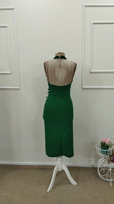 Women's One Shoulder Open Front Bow Tie Detail Slit Midi Imported Crepe Dress, 32763