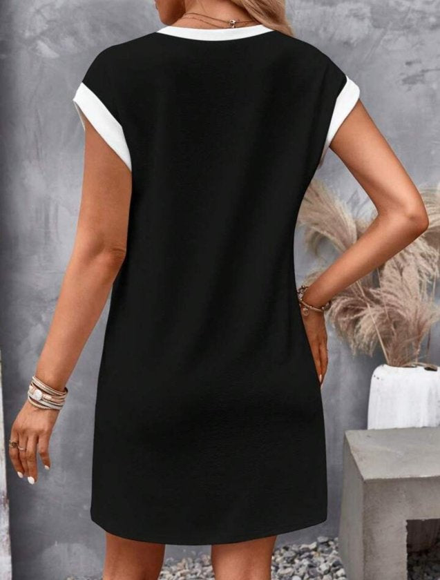 Rochie scurtă cu mânecă scurtă, decolteu rotund, din crep strălucitor, cu manșete contrastante, pentru femei, 32765