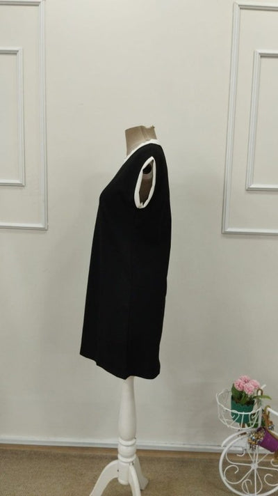 Rochie scurtă cu mânecă scurtă, decolteu rotund, din crep strălucitor, cu manșete contrastante, pentru femei, 32765