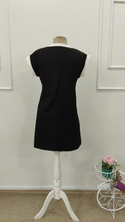 Rochie scurtă cu mânecă scurtă, decolteu rotund, din crep strălucitor, cu manșete contrastante, pentru femei, 32765