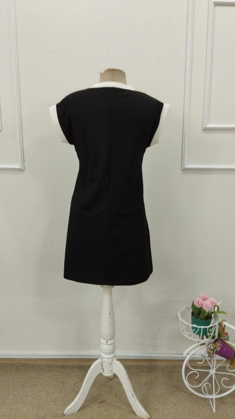 Rochie scurtă cu mânecă scurtă, decolteu rotund, din crep strălucitor, cu manșete contrastante, pentru femei, 32765