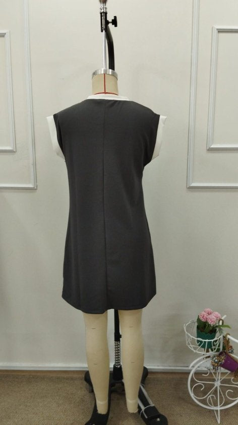 Women's Short Sleeve Round Neck Contrast Cuff Detail Short Crinkled Crepe Dress, 32768