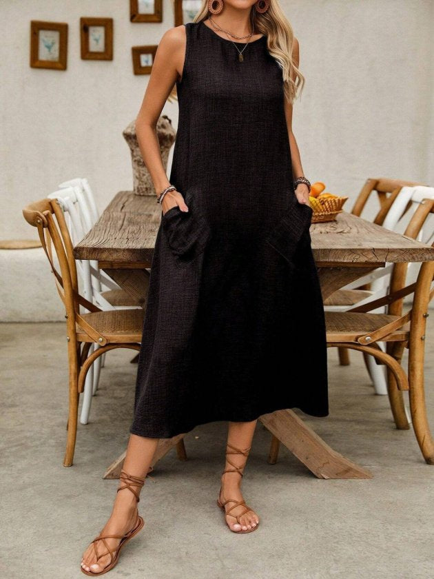 Women's Strappy Round Neck Flared Pocket Long Dress, 32769