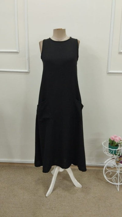 Women's Strappy Round Neck Flared Pocket Long Dress, 32769