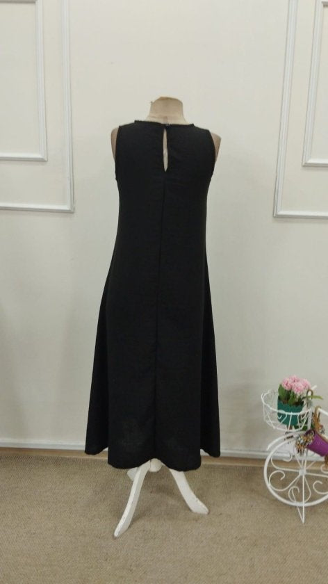 Women's Strappy Round Neck Flared Pocket Long Dress, 32769