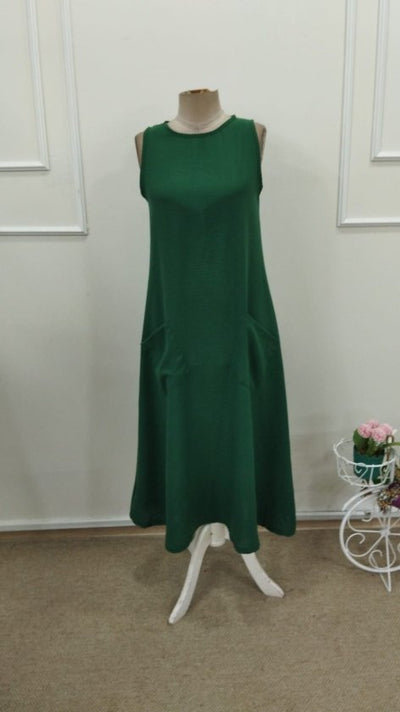 Rochie lungă pentru femei cu bretele, guler rotund, buzunare și cioc, 32771