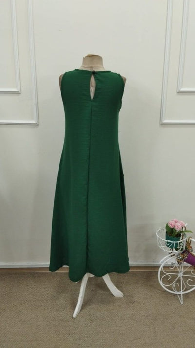 Rochie lungă pentru femei cu bretele, guler rotund, buzunare și cioc, 32771