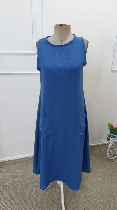 Rochie lungă pentru femei cu bretele, guler rotund, buzunare și cioc, 32772