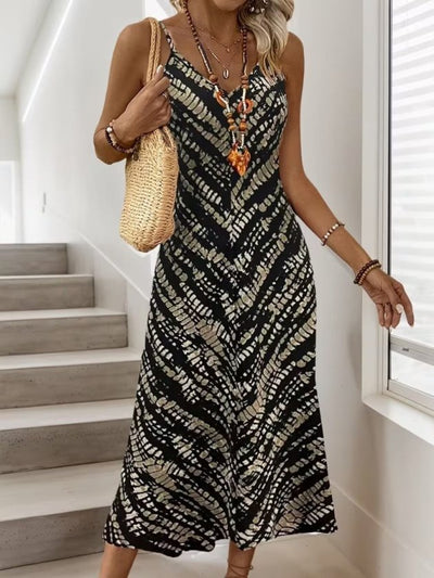 Women's Spaghetti Strap V-Neck Patterned Long Interlock Dress, 32774