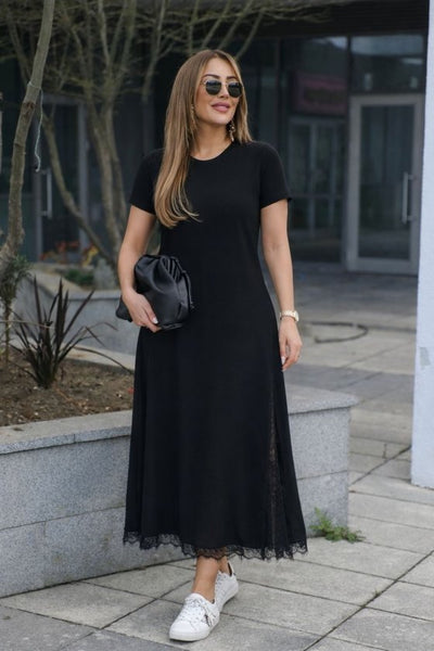 Rochie lungă de damă din viscoză, cu mâneci scurte, guler rotund, șliț lateral și detalii din dantelă, 34108