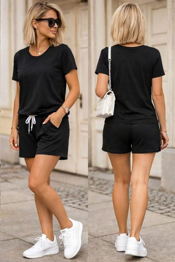 Set de două piese pentru femei, din viscoză, cu guler rotund și mânecă scurtă, format din bluză și pantaloni scurți, 32776