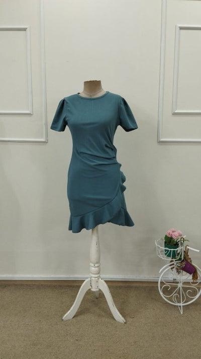 Rochie cu volane în față, guler la baza gâtului, mânecă scurtă, din crep importat, pentru femei, 32792