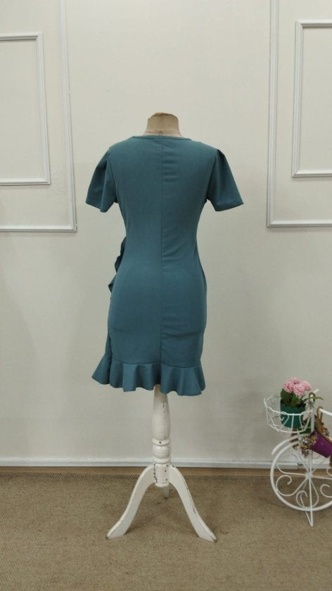 Rochie cu volane în față, guler la baza gâtului, mânecă scurtă, din crep importat, pentru femei, 32792