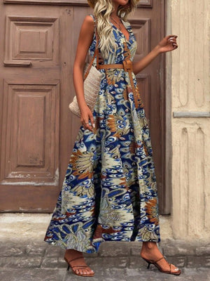 Rochie lungă cu imprimeu, fără curea, cu guler înfășurat și bretele, Supreme, 32797