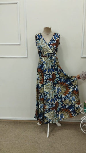 Rochie lungă cu imprimeu, fără curea, cu guler înfășurat și bretele, Supreme, 32797