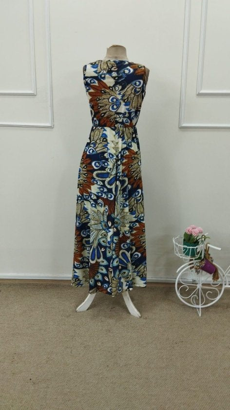 Rochie lungă cu imprimeu, fără curea, cu guler înfășurat și bretele, Supreme, 32797