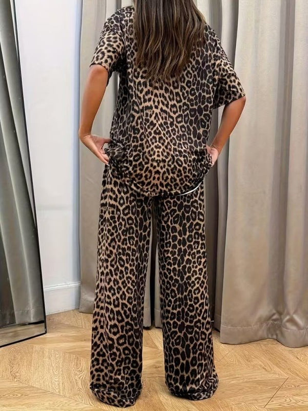 Kadın Kısa Kollu Bisiklet Yaka Iki Iplik Leopar Desenli Bluz Ve Pantolon Ikili Takım, 32798