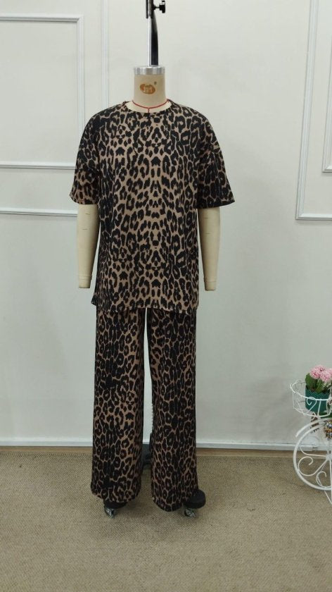 Kadın Kısa Kollu Bisiklet Yaka Iki Iplik Leopar Desenli Bluz Ve Pantolon Ikili Takım, 32798