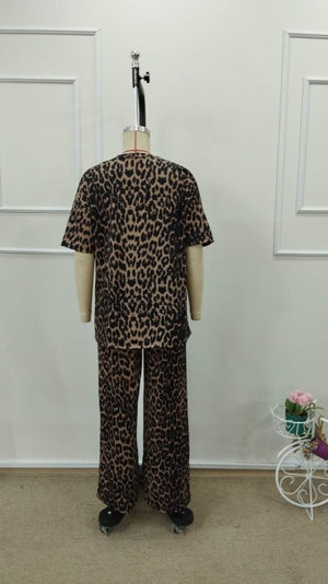 Kadın Kısa Kollu Bisiklet Yaka Iki Iplik Leopar Desenli Bluz Ve Pantolon Ikili Takım, 32798