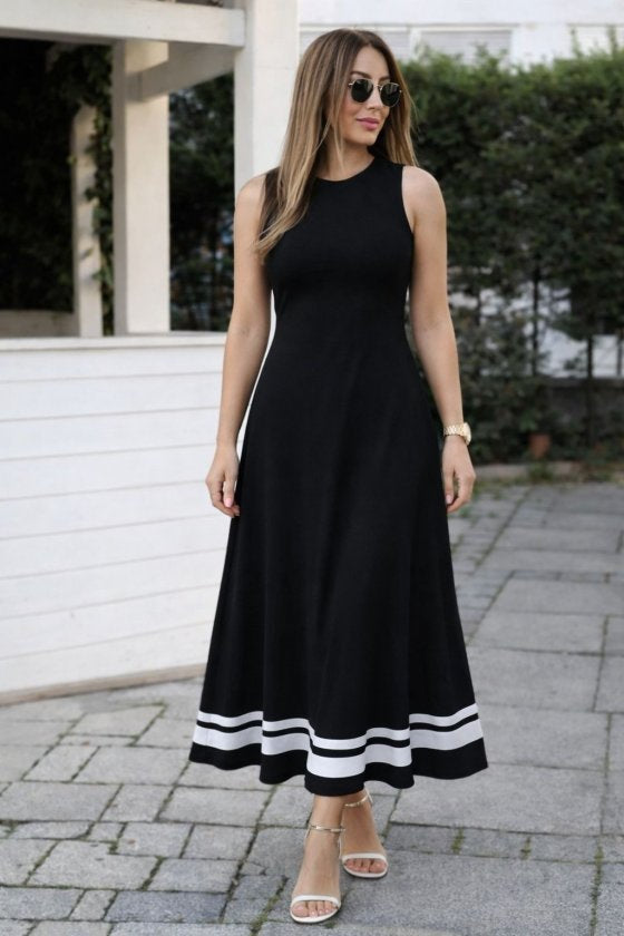 Rochie lungă de damă din viscoză, cu bretele, guler rotund și bandă decorativă la tiv, 34717