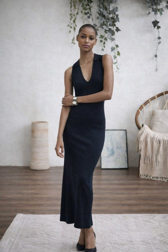 Rochie lungă tricotată, fără mâneci, cu decolteu în V, pentru femei, 32821
